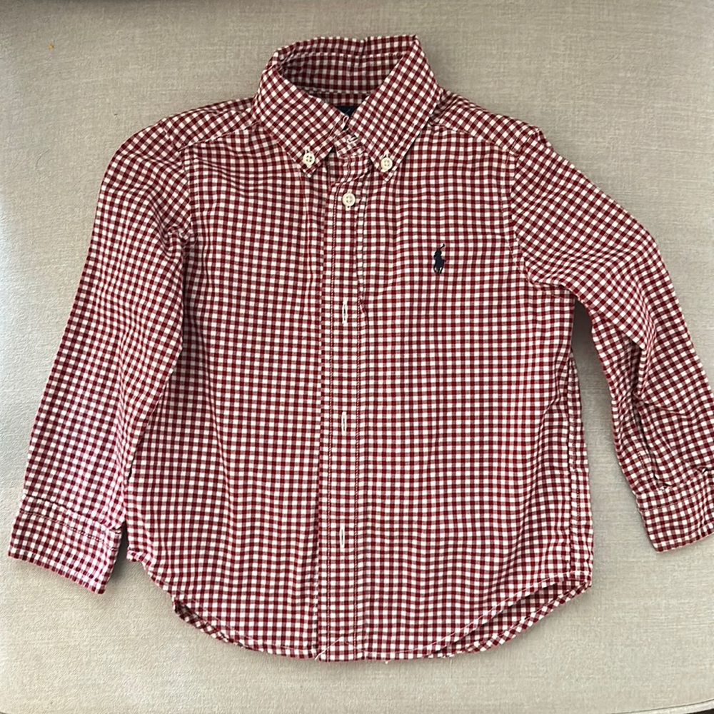 2T Boys Button Down Maroon/White Gingham Shirt